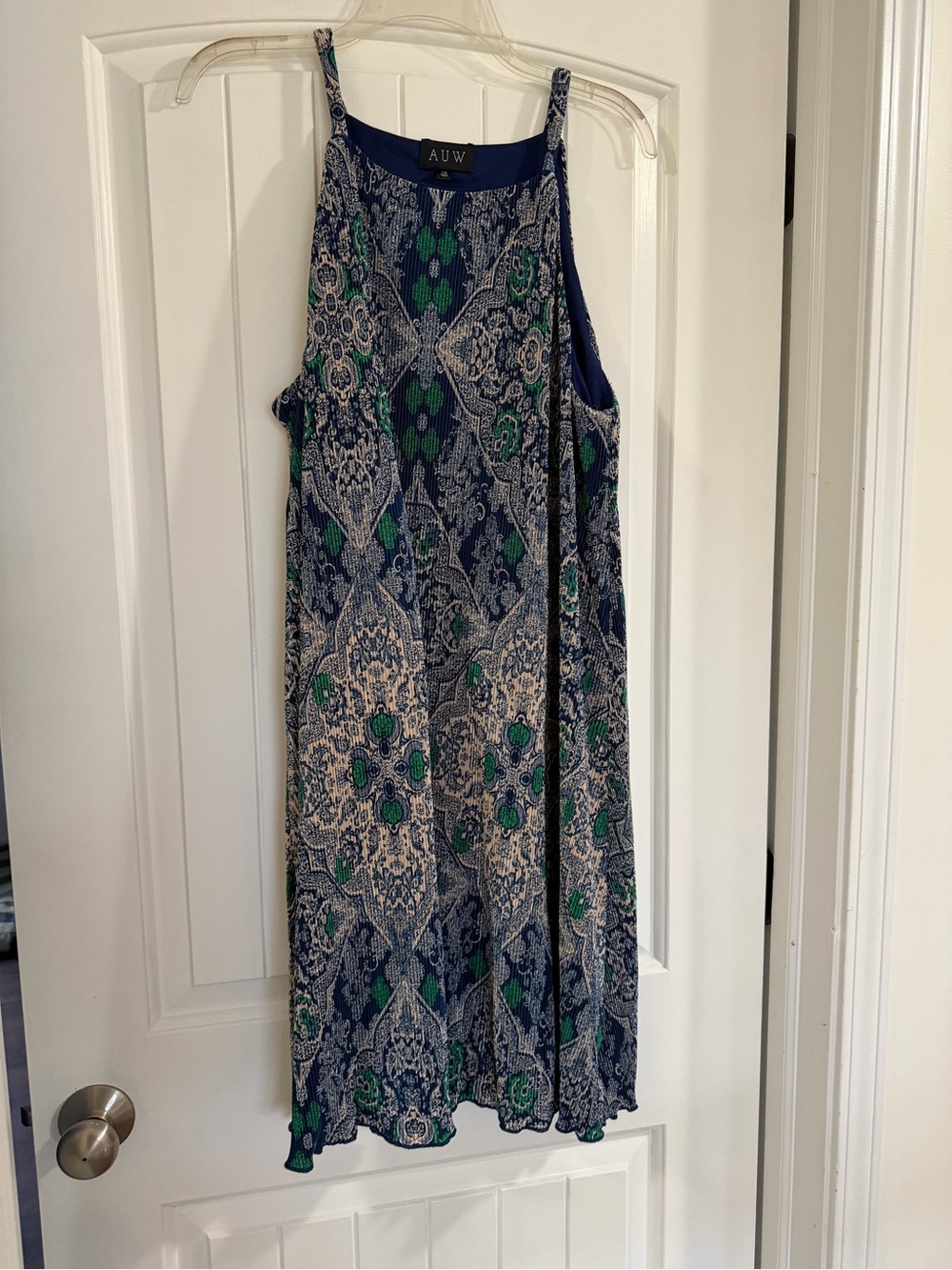 AUW Navy Blue and Emerald Green Printed Dress w Mini Pleats